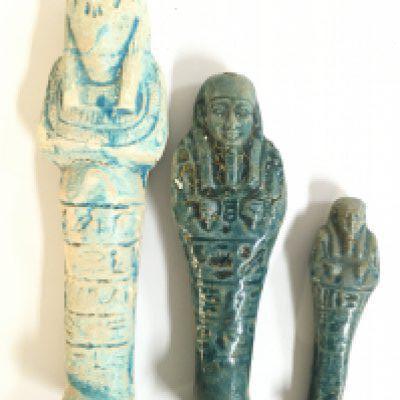 Three Egyptian Faience style glazed Ushabti Shanti figurines 18,15,10cm tall Approx .