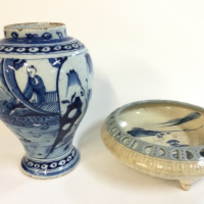 18th century Delft style vase (21cm tall) and bowl (21cm wide)