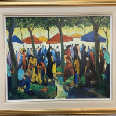 A framed and signed oil on canvas of a French market scene after a painting by Emmanuel BELLINI, 98cm x 83cm (signed Bruno Joubert).