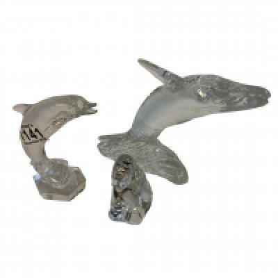 A Waterford crystal figure of a blue Whale 15cm, Waterford Crystal Dolphin figure 13cm, Baccarat crystal seated hound dog figure 8.5cm.