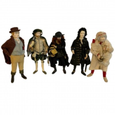 Iris Britton Hand made character figures, to include Scrooge, Sir Christopher Wren, Fagin, Mr Pickwick, Sir Walter Raleigh. each 25cm.