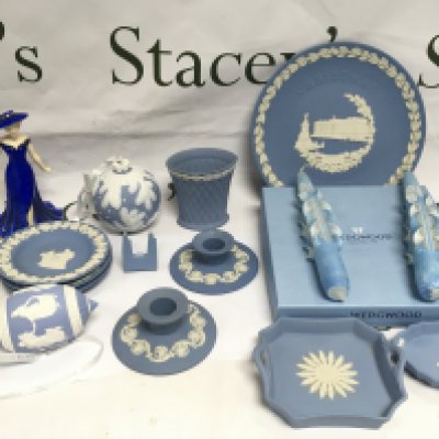 A collection of ceramics comparing boxed Nao figures, Wedgwood Jasper ware etc. Shipping category D.