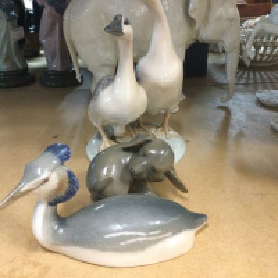 Three Copenhagen figures in the form geese a dog and a Grebe .