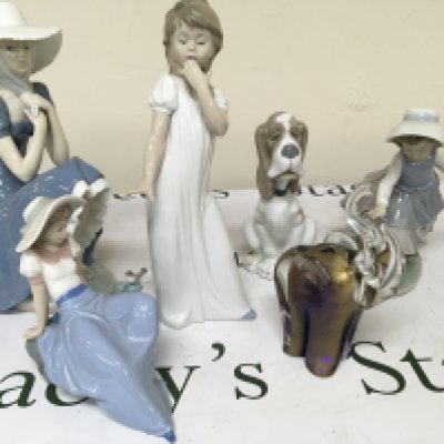 Five Neo Porcelain figures and a Murano glass elephant. No obvious damage.