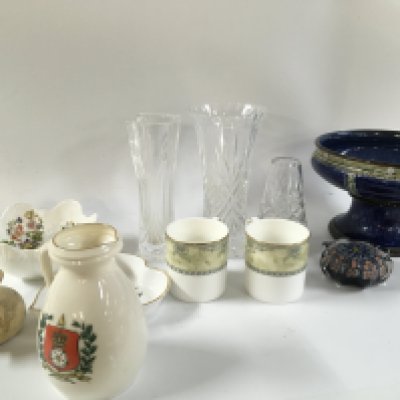 A collection of ceramics including a Doulton Isabella pattern dinner set and Lambeth ware vase. Plates cups saucers, damaged delft candlestick