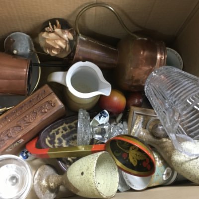 Two boxes of various ceramics including a Doulton vase , paperweights, wooden bowl, copper vase etc