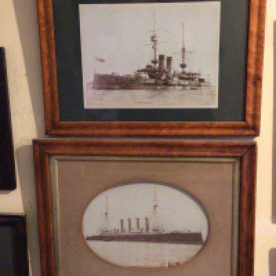 Eleven late 19th and early 20th century framed photographs and pictures of Marine Shipping steam ships battle ships .