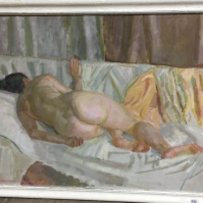 An oil on canvas laying nude woman Alexander Makagon the Artists Model 1998, frame dimensions 108x85cm. This lot cannot be posted