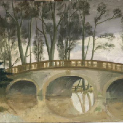 Jim page Robert&#2013266057۪s, 1925 - oil on board painting river view with bridge and trees. 91cm x 61cm. Monogrammed P.R bottom right corner. Some damage to corners.