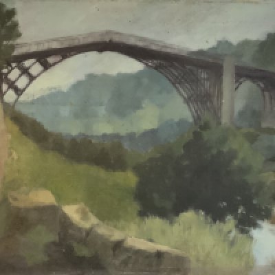 Jim page Robert&#2013266057۪s, 1925 - oil on board painting river view with bridge and trees and cottage . 91cm x 51cm. Monogrammed P.R bottom right corner. Some damage to corners.