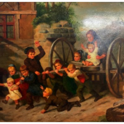 A reproduction oil on board painting after a painting by Christian Eduard Boettche, titled Children playing in the yard. 56cm x 67cm