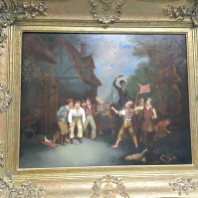 A Victorian gilt framed oil on board of a fight between two boys with a crowd formed around them, approx 71.5cm x 61.5cm. Shipping category C.