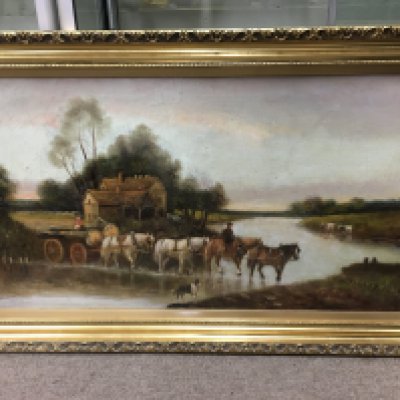 A gilt framed oil on canvas of a pastoral landscape with a horse drawn cart to the foreground, approx 95cm x 60cm. Shipping category D.