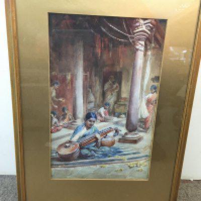 A framed watercolour of figures at a Hindu temple, signed by Emily Florence mason. Approx Size 43x59cm.