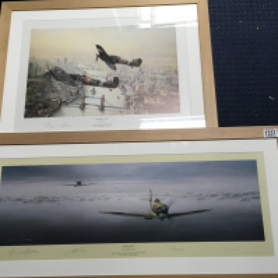 Two framed limited edition Aviation prints victory salute by Robert Taylor and Dawn Sortie by Gerald Coulson .