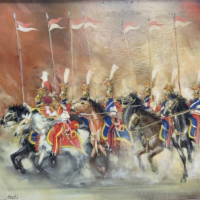 A large oil on canvas painting c.1970 depicting a dramatic charge of Napoleonic cavalry, identified as the French Imperial Guard Lancers (also known as the Red Lancers). 105cm x 95cm, (Unknown artist).