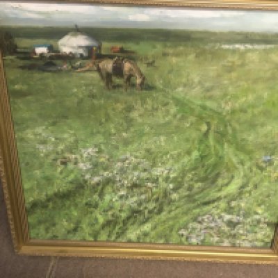 A framed oil on canvas Mongolian landscape featuring a Yurt . By Huang Jin wei . 60 x 55 cm .