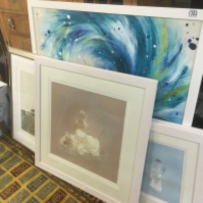A collection of framed pictures including three signed Kay Boyce prints, Bexhill clock tower watercolour, Seacat by Kim Haskins modern framed watercolour , 98x98cm. No reserve
