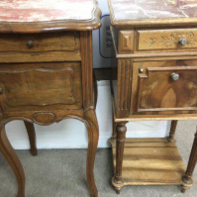 Two French walnut side cabinets with marble tops fitted with single drawers and cupboards under.