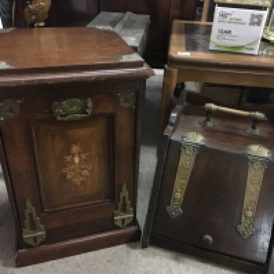 An oak coalbox and an inlaid Edwardian coal box. 30 & 50cm tall