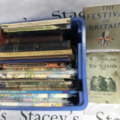 A box of books, Rupert annuals and other ephemera. Shipping category D.