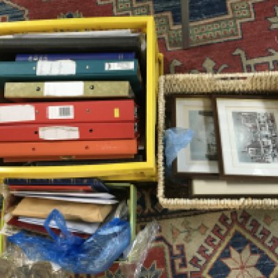 British Stamp albums, loose world stamps and prints of old London,