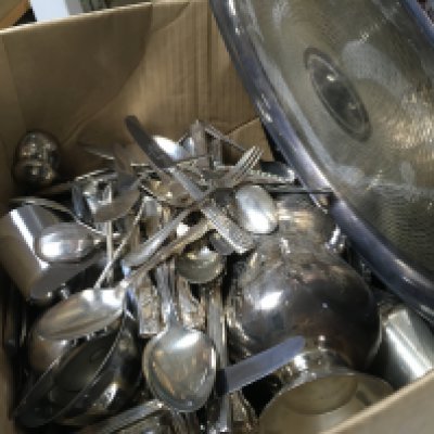 A Collection of silver plated items including a large collection of cutlery, a cut glass claret jug, candlestick, stainless steel goblet etc and a vintage Cosina PM1 camera . This lot cannot be posted