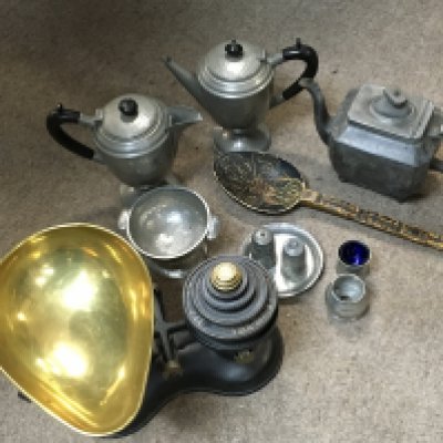 Pewter oddments , set of scales, carved wooden spoon. Postage category c- NO RESERVE