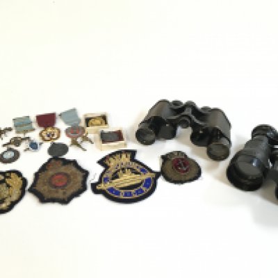 Military badges, WW1 binoculars, RAF badges etc . Postage category B
