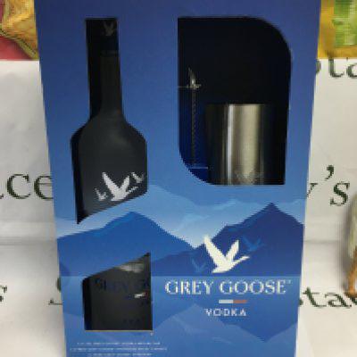 A boxed 1.75L bottle of Grey Goose vodka with stainless steel carafe and stirring rod. Shipping category D.