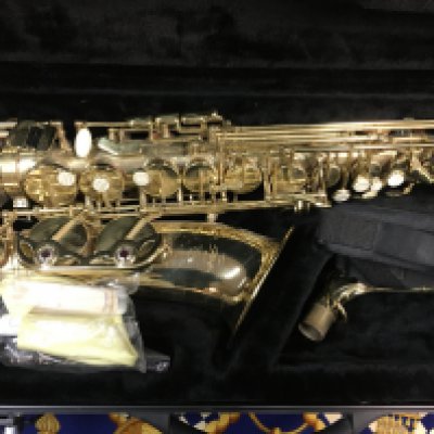 A stagg saxophone fitted in original case .