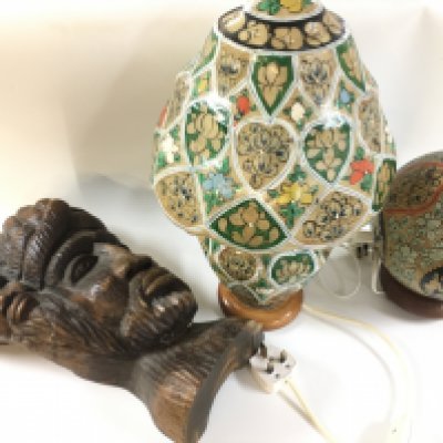 A carved dark wood bust sculpture (40cm tall) and two paper mache hand painted lamps . 25 and 44cm tall This lot cannot be posted