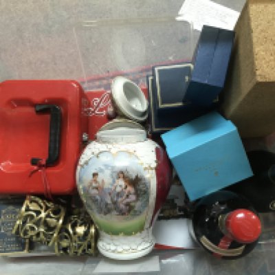 A collection of assorted items including a German classical vase, cash box with key, vintage card games , Courvoisier , Drambuie, Halycon days enamels, Wedgwood thaxted parish church boxed plate.