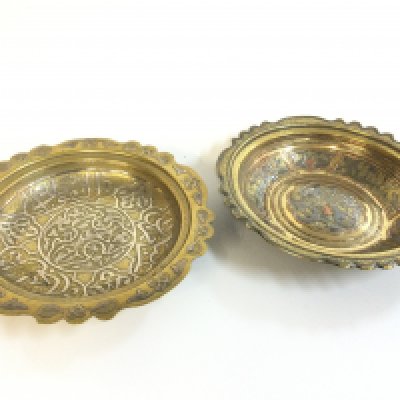 Two 19th century brass Egyptian / Syrian Cairo ware dishes with silver and copper decoration. 20cm wide approx . Postage category B