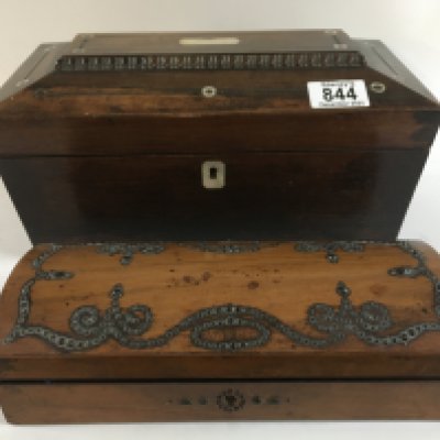 A rosewood tea caddy 29cm wide 16cm tall and a walnut glove box.
