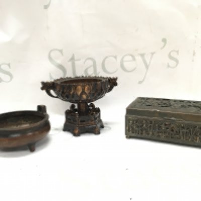 Chinese censer (9.5cm wide), perfume burner (14cm wide, 9cm tall) and a trinket/ jewellery box with a figural and bamboo design (5.5cm tall , 15cm wide) . Postage category B