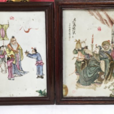 A pair of hand painted Oriental porcelain plaques, approx 31cm x 44.5cm. Shipping category D.