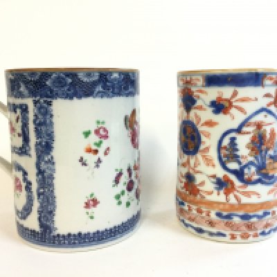 Two Chinese tankards Imari and Famille rose. Both approximately 13cm tall.