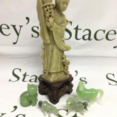A collection of jadeite and soapstone figures, largest approx 31cm in height. Shipping category D.