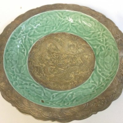 A Chinese Celadon with silver colour metal dragon dish , 19.5cm wide .