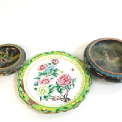 Two Chinese cloisonne enamel bowls, one signed and Chinese cloisonne plate . 15, 25 and 22cm wide. Postage category C