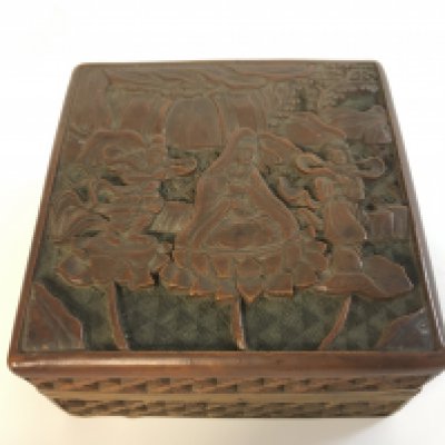 A Chinese red cinnabar box , 6cm tall 11cm wide . Postage category B