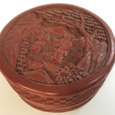 A Chinese red cinnabar box, 10cm wide 5cm tall. Postage category A