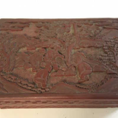 A Chinese red cinnabar box 5cm tall, 14.5cm wide . Postage catA