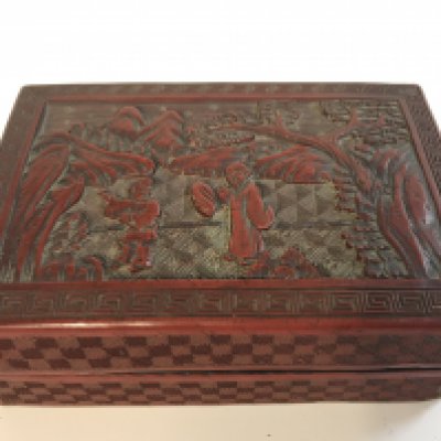 A Chinese red cinnabar box 15cm wide 5cm tall. Postage category A