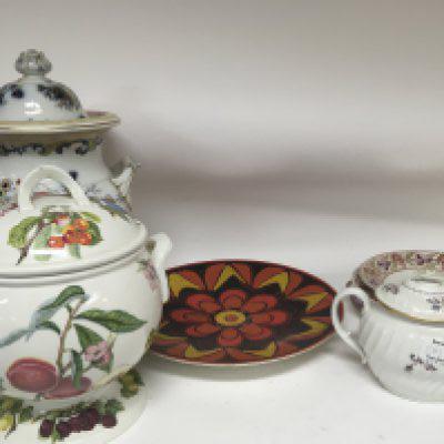 A Mid 20th century design Poole Pottery dish two large ceramic tureens and covers and early 19th century ceramics plates and a tea pot.