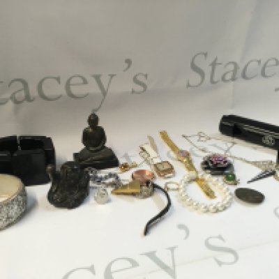 A Collection of assorted items including a dove/ pigeon call, jewellery, a small bronze Japanese figure. Postage category B