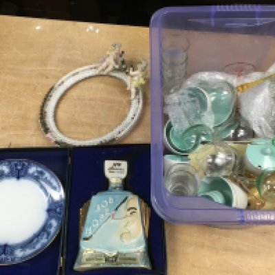 An Italian cherub porcelain mirror frame, F Sons Burslem plate, Poole cups and saucers