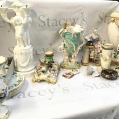 A collection of ceramics including Lladro, Derby, Copeland bird vase, Minton cherub vase, Buslem ware Royal Doulton urn, classical porcelain figures