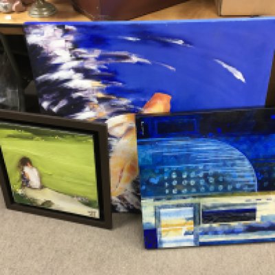 Oil on canvas paintings including a Koi painting (Dimensions 80cm x 80cm) , Rian Vooslo contemporary abstract painting, seated woman painting.